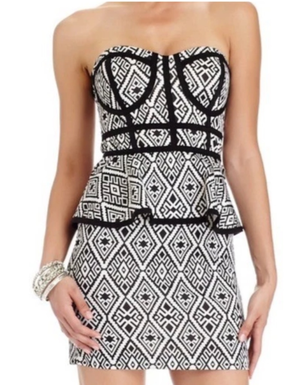 NWT Bebe 2b black white strapless bustier peplum top dress